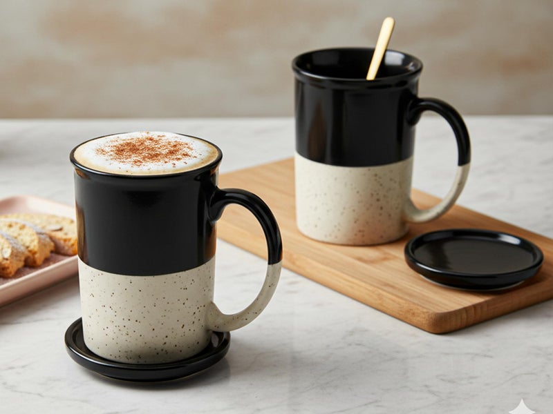 Bodhi House Ceramic Hand Glazed Tea and Coffee Mug with Coaster - 300ml | Set of 2 | Microwave & Dishwasher Safe | for Home Office - Black - Image 1