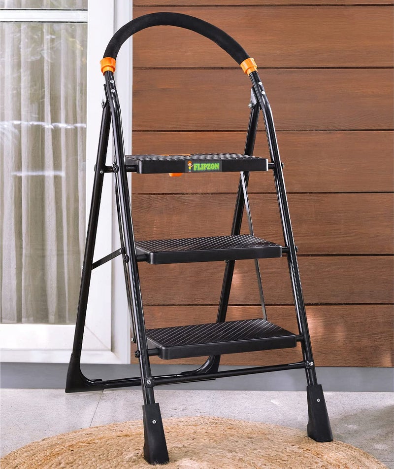 FLIPZON FLIPZON Foldable Step Ladder SafetyClutch Lock Ribbed Steps Knee Guard NonMarring PVC Shoes 3 Steps  - Image 1