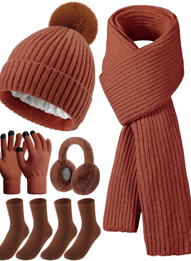 Geyoga 6 Pcs Winter Warm Set for Women Warm Beanies Hats Touchscreen Gloves Long Scarf Ear Muffs Socks Winter Gifts for Women, Camel, One size - Image 1