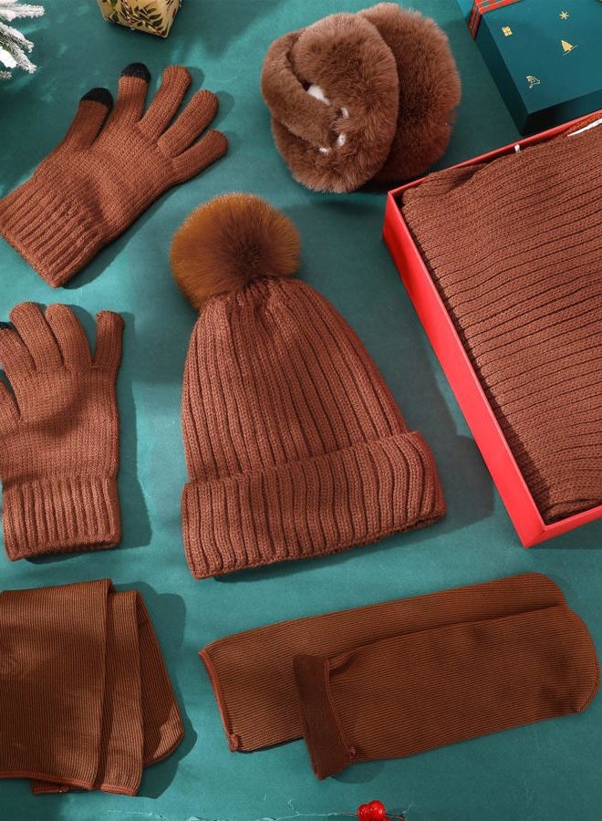 Geyoga 6 Pcs Winter Warm Set for Women Warm Beanies Hats Touchscreen Gloves Long Scarf Ear Muffs Socks Winter Gifts for Women, Camel, One size - Image 4