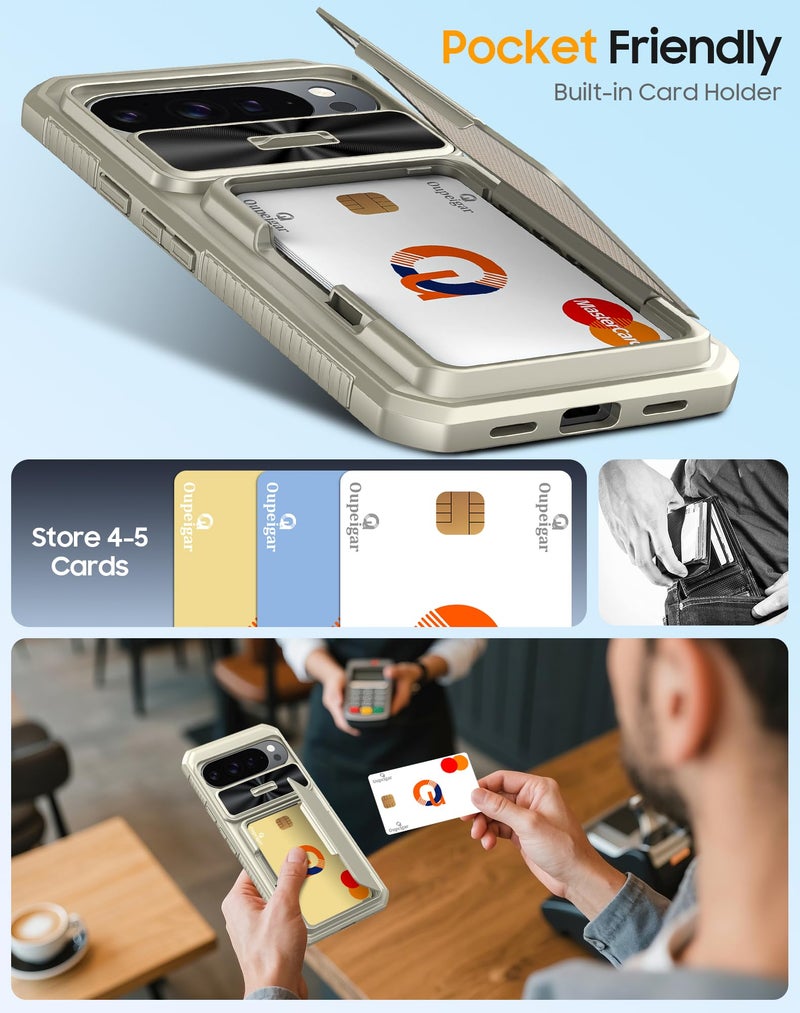 oupeigar for Google Pixel 10 Pro XL Case with Card Holder & RFID Blocking & Sliding Camera Cover & Kickstand Non-Slip Full-Body Shockproof Wallet Phone Case for Pixel 10 Pro XL (Titanium Glod) - Image 3