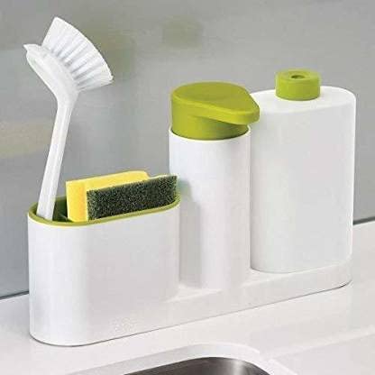 Lexazo Plastic Tidy 3 Section Sink Organizer with Self Drain Detergent Soap Dispenser Container and A Sponge Brush Holder Set for Bathroom and Kitchen - Image 1