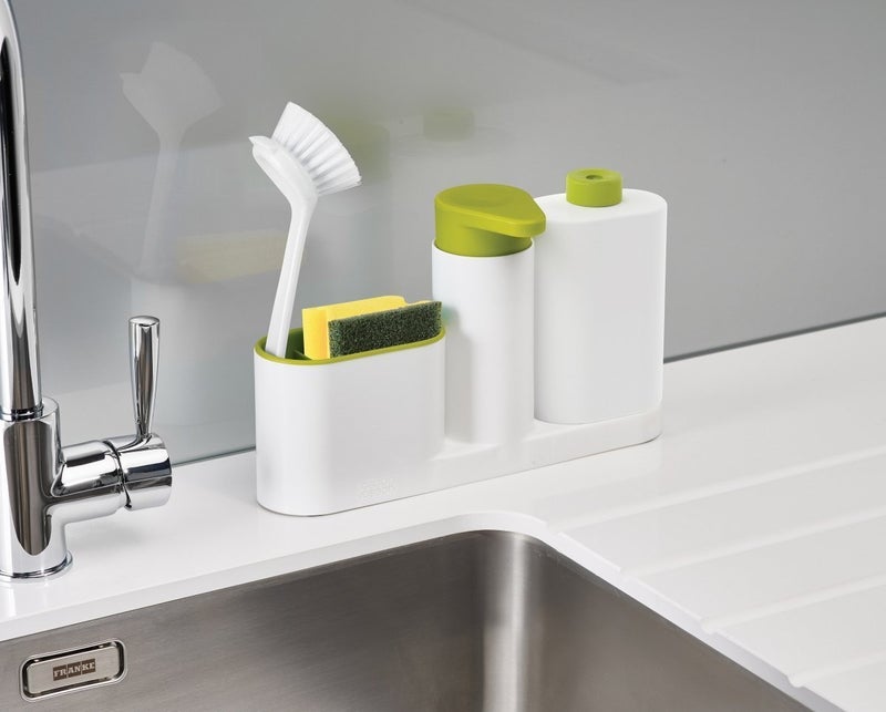 Lexazo Plastic Tidy 3 Section Sink Organizer with Self Drain Detergent Soap Dispenser Container and A Sponge Brush Holder Set for Bathroom and Kitchen - Image 2