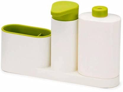 Lexazo Plastic Tidy 3 Section Sink Organizer with Self Drain Detergent Soap Dispenser Container and A Sponge Brush Holder Set for Bathroom and Kitchen - Image 5