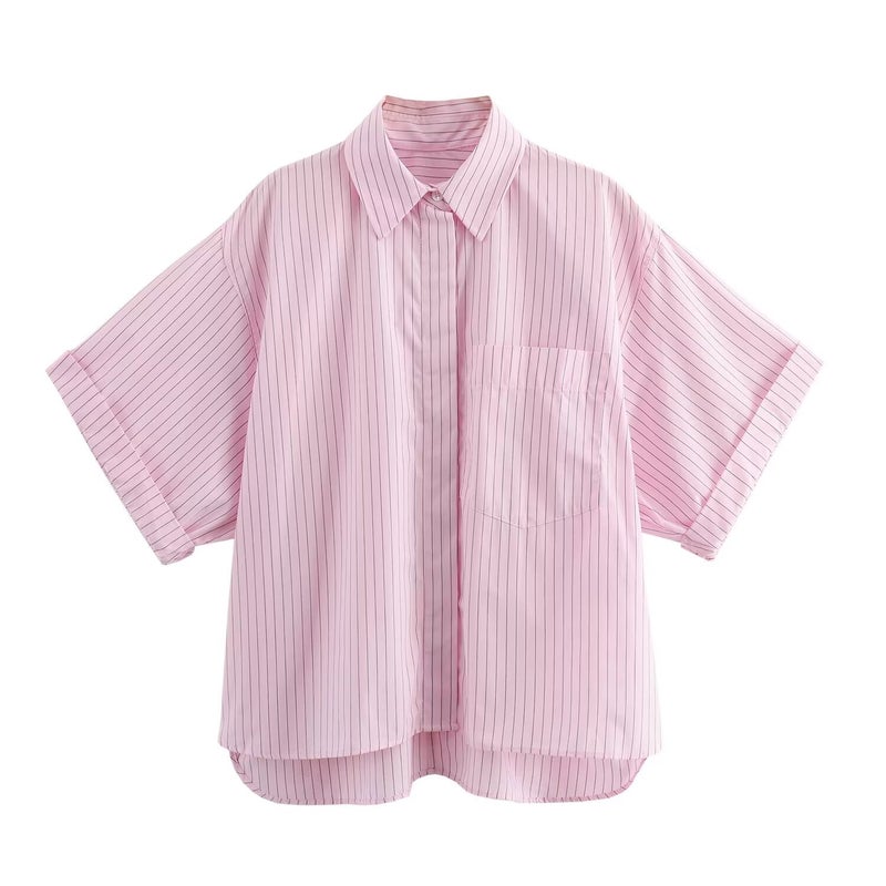 ZR Womens Clothing European and American Style 2024 Summer New Casual Style Loose All-match Pocket Poplin Short Shirt AC vermicelli 