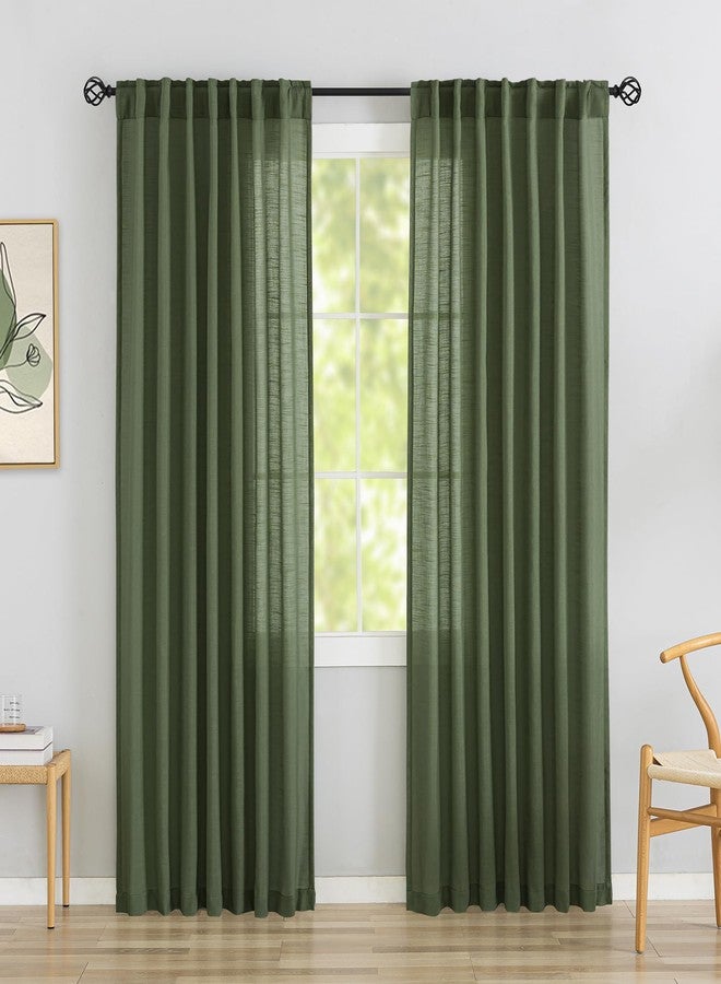 DONREN Olive Dark Green Linen Back Tab Curtains 84 Inches Long 2 Panels Set for Bedroom -Semi Sheer Modern Farmhouse Hooks Belt Pleated Curtain Panels Rod Pocket Light Filtering Privacy Drapes - Image 1