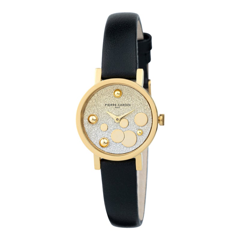 PIERRE CARDIN Women's Watch with Gold Stainless Steel Case and Black Leather Band - Image 1