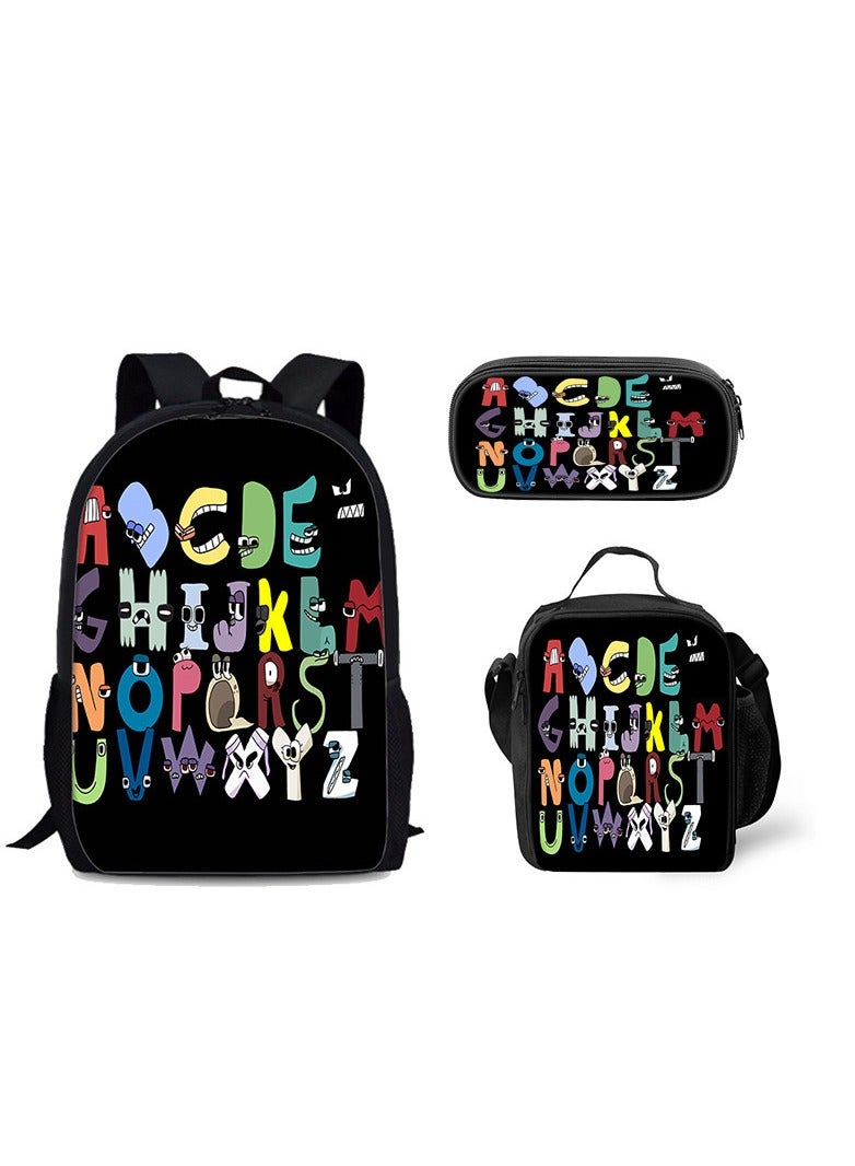 Alphabet Lore Children Backpack Daypack Schoolbag Teen Boys School Book bag with Lunch Box Pen Case 3 in 1