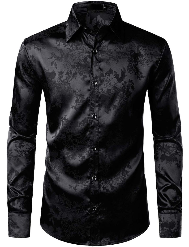 ZEROYAA Men's Shiny Satin Rose Floral Jacquard Long Sleeve Button Up Dress Shirts for Party Prom ZLCL26-Black XX-Large - Image 1