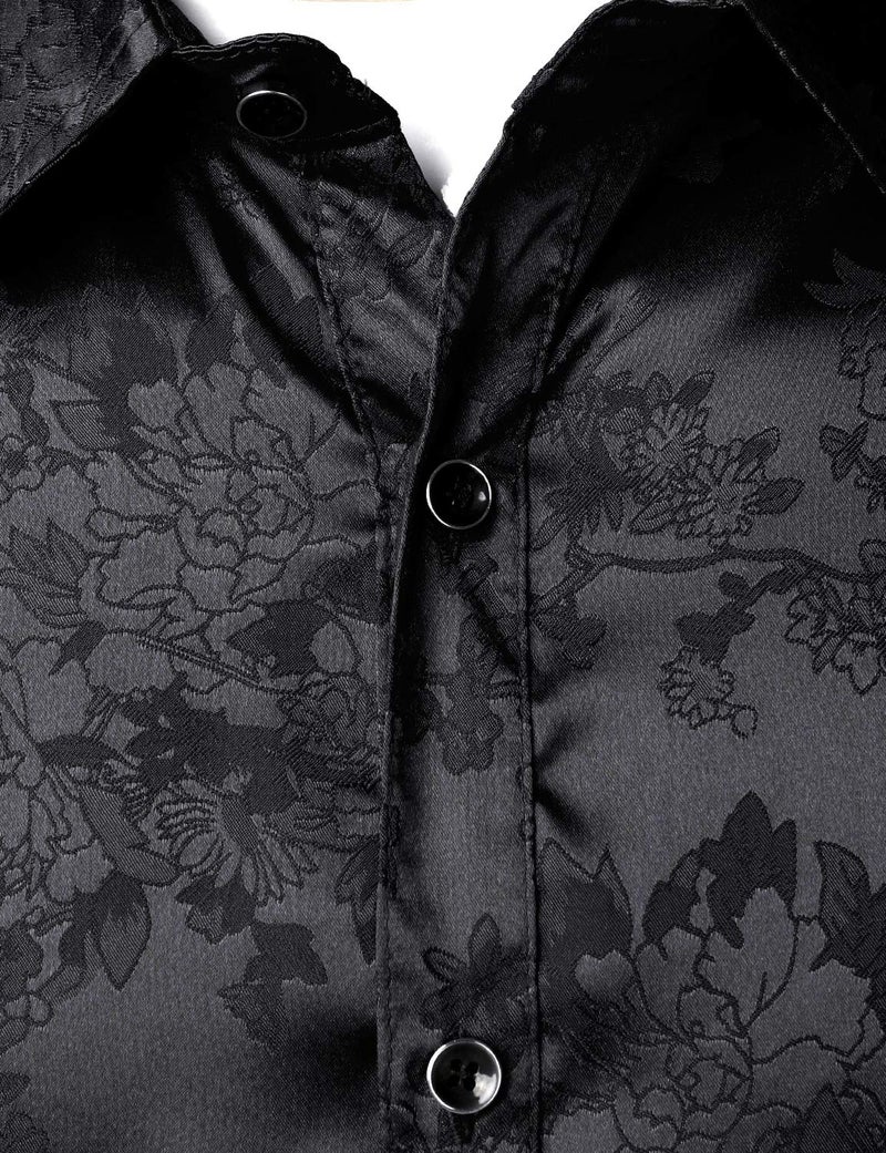 ZEROYAA Men's Shiny Satin Rose Floral Jacquard Long Sleeve Button Up Dress Shirts for Party Prom ZLCL26-Black XX-Large - Image 4