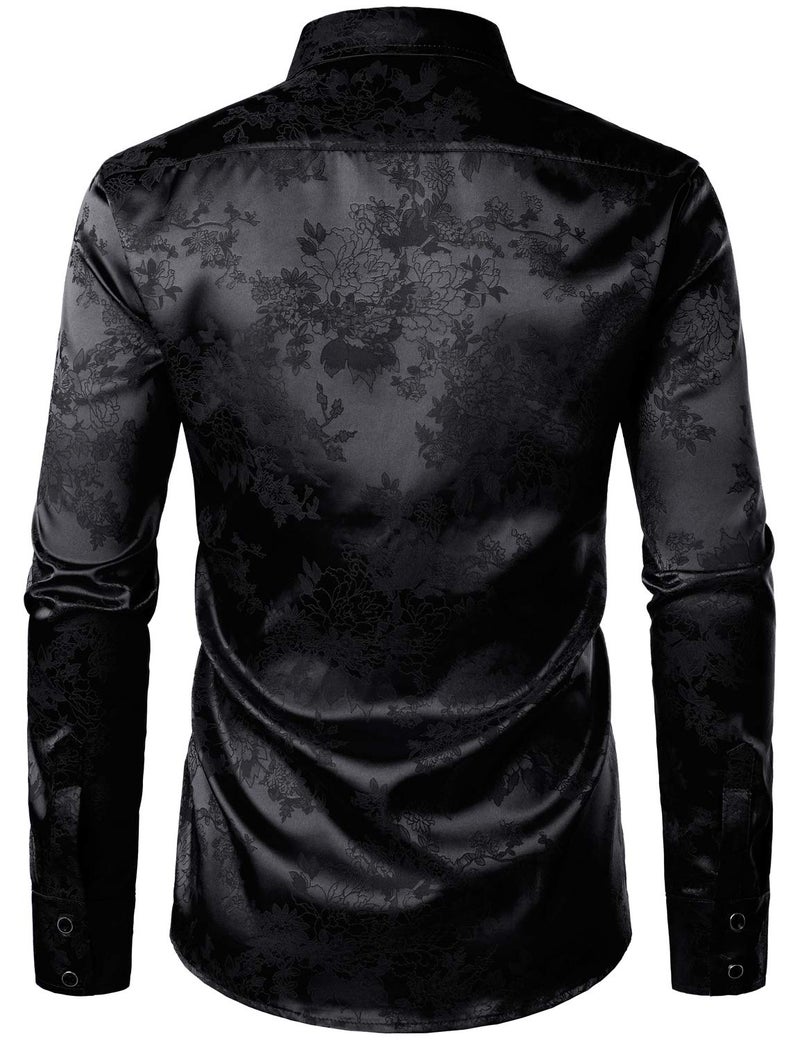 ZEROYAA Men's Shiny Satin Rose Floral Jacquard Long Sleeve Button Up Dress Shirts for Party Prom ZLCL26-Black XX-Large - Image 3