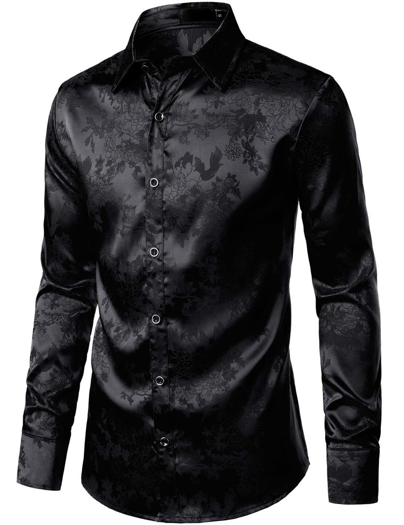 ZEROYAA Men's Shiny Satin Rose Floral Jacquard Long Sleeve Button Up Dress Shirts for Party Prom ZLCL26-Black XX-Large - Image 2