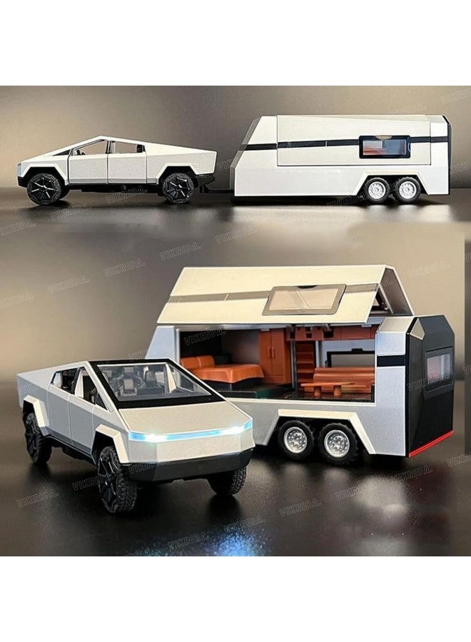 VikriDA 1/32 Pickup Trailer RV Model Kit, Off-Road Vehicle Alloy,Car Model Diecast Metal Toy,Truck Model Simulation Sound Light,Gifts for boy Girl (Silver) - Image 5