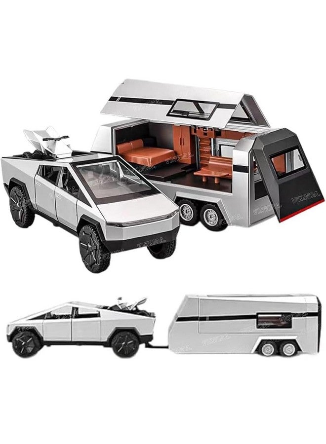 VikriDA 1/32 Pickup Trailer RV Model Kit, Off-Road Vehicle Alloy,Car Model Diecast Metal Toy,Truck Model Simulation Sound Light,Gifts for boy Girl (Silver) - Image 1