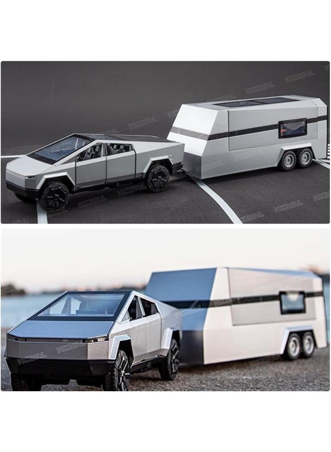 VikriDA 1/32 Pickup Trailer RV Model Kit, Off-Road Vehicle Alloy,Car Model Diecast Metal Toy,Truck Model Simulation Sound Light,Gifts for boy Girl (Silver) - Image 4