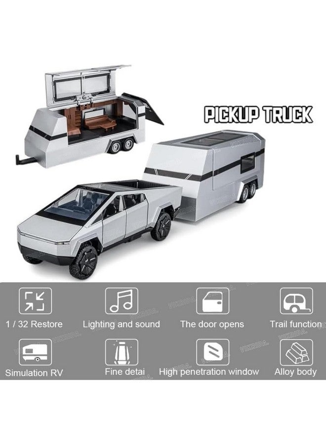 VikriDA 1/32 Pickup Trailer RV Model Kit, Off-Road Vehicle Alloy,Car Model Diecast Metal Toy,Truck Model Simulation Sound Light,Gifts for boy Girl (Silver) - Image 3