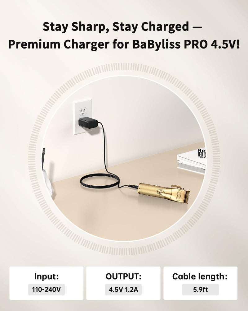 VHBW 4.5V Charger for BaByliss PRO FX870 FX825 Clipper Compatible with FX787 FX788 FX726 Trimmer - 6.5FT Extra Long Power Cord Replacement Part - Image 2