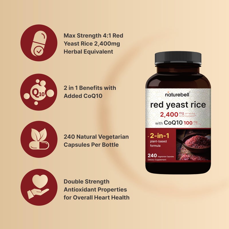 NatureBell Red Yeast Rice with CoQ10, 240 Veggie Capsules | Advanced Heart Health Herbal Supplement â€“ Antioxidant Support for Energy & Heart Health â€“ Non-GMO - Image 3