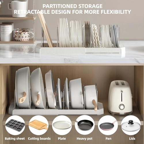 Silanit Expandable Pot and Pan Organizer Rack for Kitchen Cabinet or Under Sink, Adjustable Lid Holder with 7 Dividers, Space-Saving Storage for Renters, Small Homes, and Busy Cooks, White - Image 2