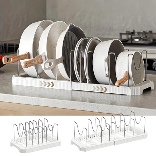 Silanit Expandable Pot and Pan Organizer Rack for Kitchen Cabinet or Under Sink, Adjustable Lid Holder with 7 Dividers, Space-Saving Storage for Renters, Small Homes, and Busy Cooks, White - Image 1