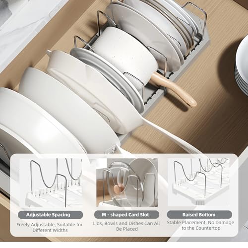 Silanit Expandable Pot and Pan Organizer Rack for Kitchen Cabinet or Under Sink, Adjustable Lid Holder with 7 Dividers, Space-Saving Storage for Renters, Small Homes, and Busy Cooks, White - Image 4