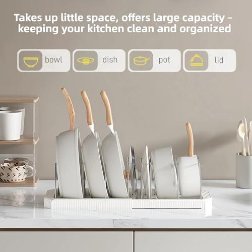 Silanit Expandable Pot and Pan Organizer Rack for Kitchen Cabinet or Under Sink, Adjustable Lid Holder with 7 Dividers, Space-Saving Storage for Renters, Small Homes, and Busy Cooks, White - Image 3