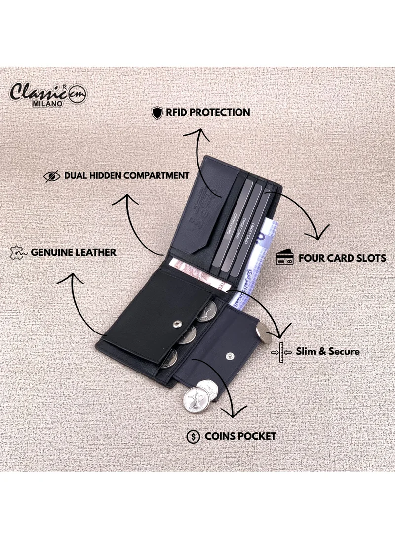 Classic Milano Black (CNH-6) Classic Milano Genuine Leather Wallet for Men – Slim Bifold Men’s Wallet with RFID Blocking, Multiple Card Slots – Stylish Mens Purse Wallets Gift for Husband, Father for Men | Best Price UAE