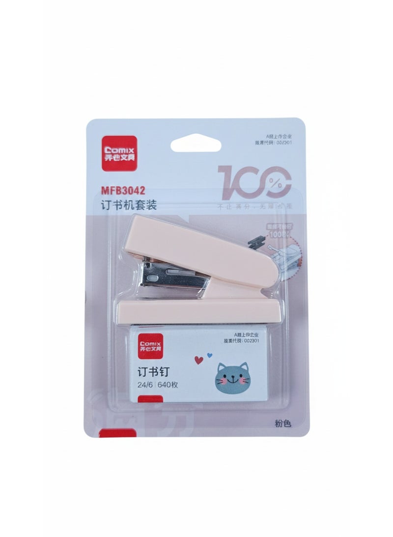 كوميكس طقم دباسة كومكس المكتبية الصغيرة باللون الوردي مع عبوة دبابيس 24/6 - تصميم عصري وانيق - موديل MFB3042 - Image 1