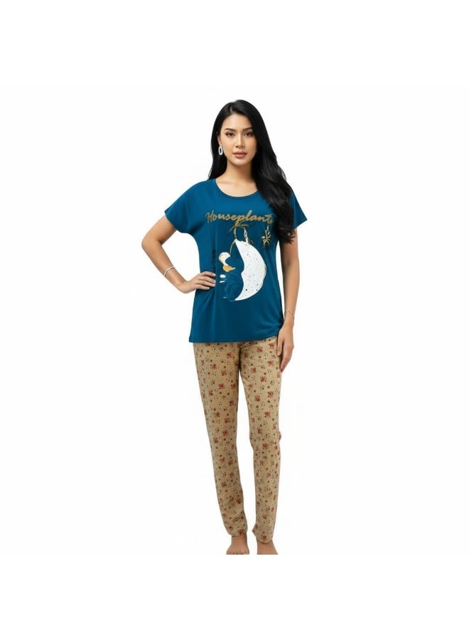جوانا طقم بيجاما نسائي بأكمام قصيرة مع قميص وبنطال مطبوع بنباتات منزلية، أزرق - Image 2