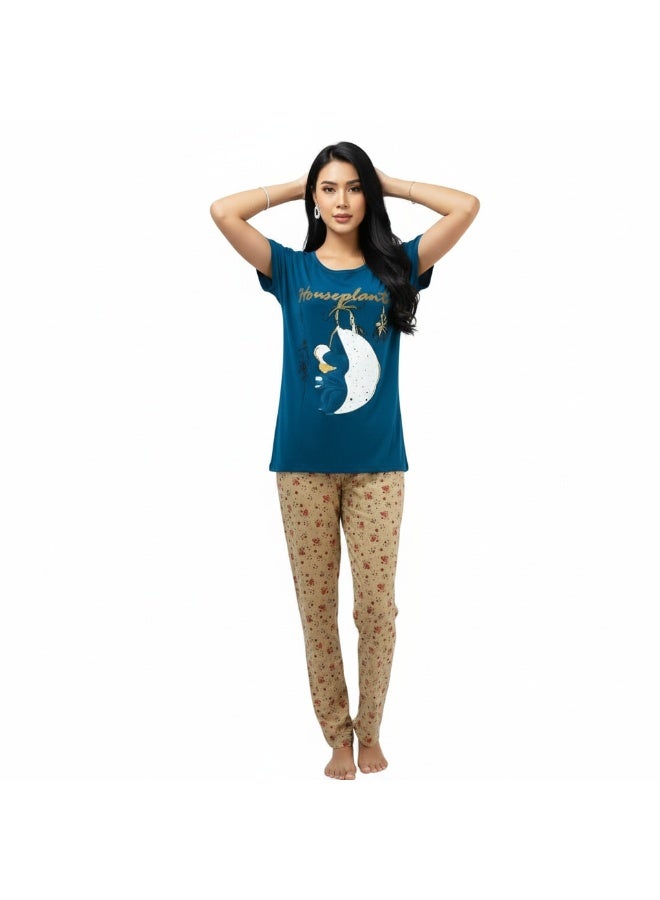 جوانا طقم بيجاما نسائي بأكمام قصيرة مع قميص وبنطال مطبوع بنباتات منزلية، أزرق - Image 4
