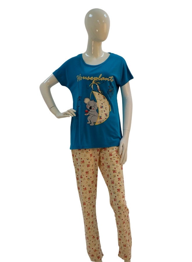 JOANNA JOANNA Women's Houseplant Print Short Sleeve Shirt & Long Pants Pajama Set, Blue - Image 1