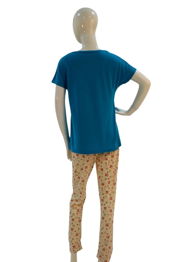 JOANNA JOANNA Women's Houseplant Print Short Sleeve Shirt & Long Pants Pajama Set, Blue - Image 5