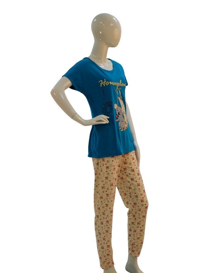 JOANNA JOANNA Women's Houseplant Print Short Sleeve Shirt & Long Pants Pajama Set, Blue - Image 4