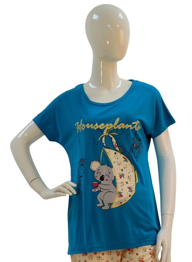JOANNA JOANNA Women's Houseplant Print Short Sleeve Shirt & Long Pants Pajama Set, Blue - Image 2