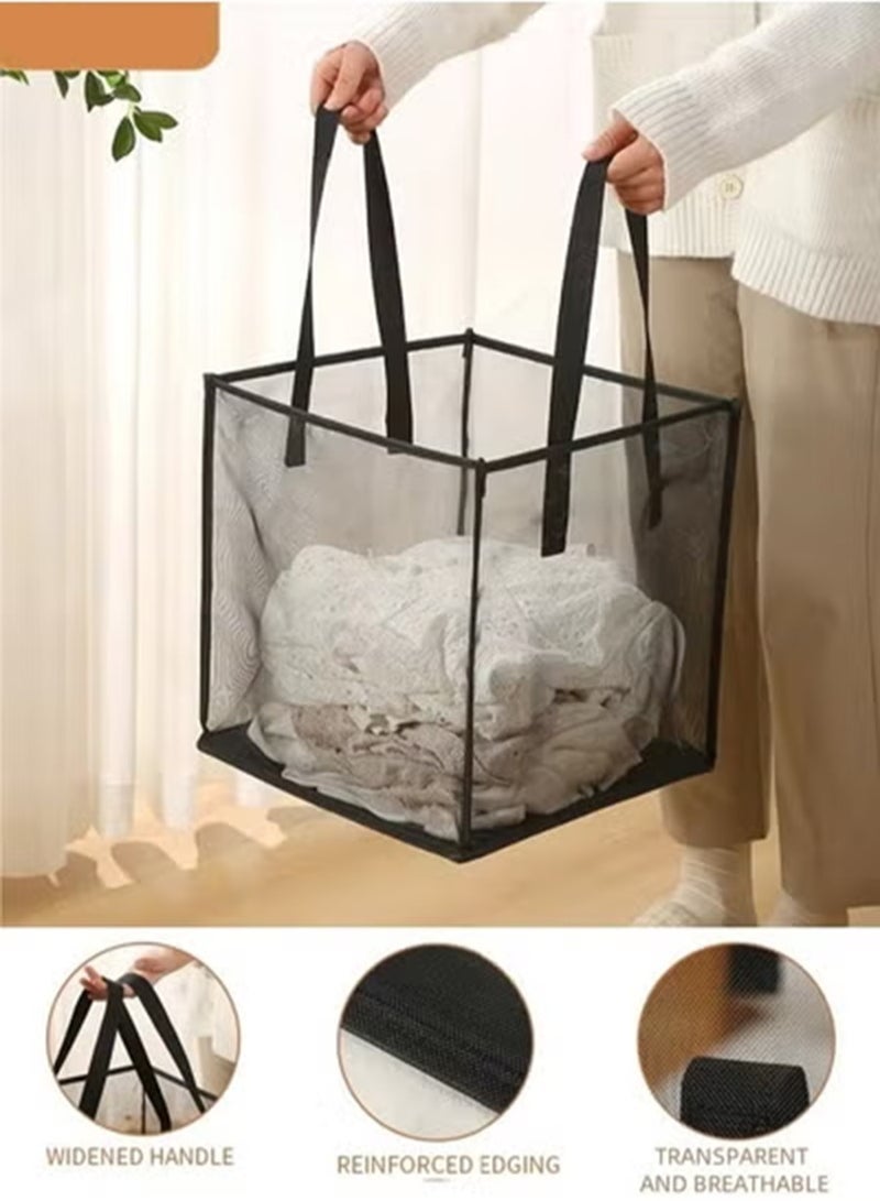 Beauenty Laundry Storage Basket Foldable Mesh Laundry Basket Portable Carry Handle Laundry Basket Square Mesh Laundry Basket Bathroom Laundry Basket Wide Opening With Side Pockets - Breathable Sturdy Space-Saving Design For Blankets Towels Clothes - Image 1
