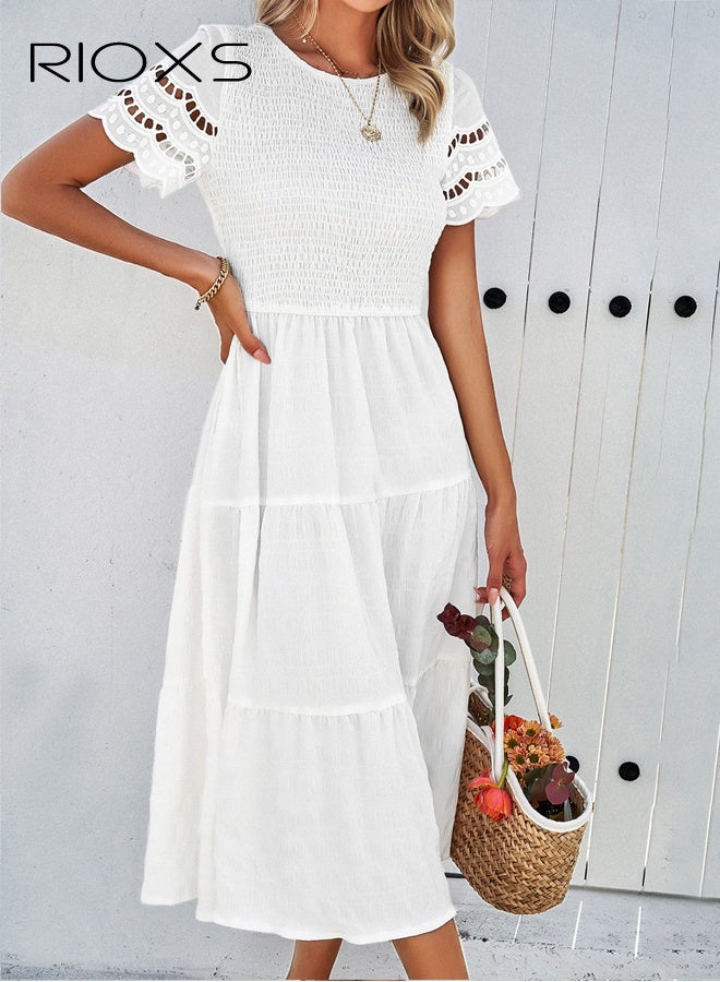 ريوكس فستان نسائي بخصر عالٍ وقصة A، فستان صيفي بخصر مطاطي ورقبة مستديرة بلون موحد وأكمام قصيرة مخرمة، فستان ميدي أنيق للذهاب إلى العمل/المواعدة/الحفلات/التخرج، أبيض - Image 2