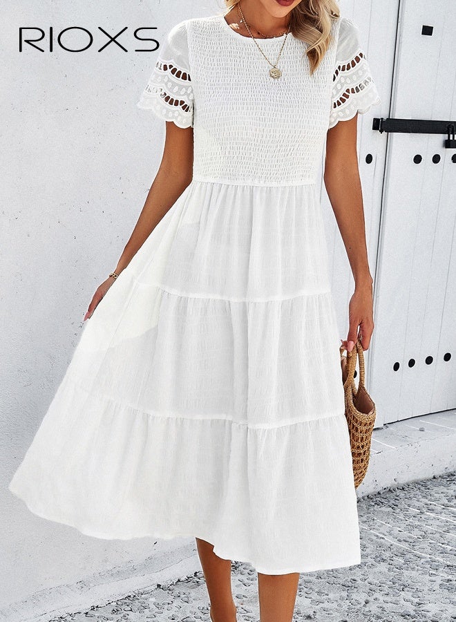 ريوكس فستان نسائي بخصر عالٍ وقصة A، فستان صيفي بخصر مطاطي ورقبة مستديرة بلون موحد وأكمام قصيرة مخرمة، فستان ميدي أنيق للذهاب إلى العمل/المواعدة/الحفلات/التخرج، أبيض - Image 1