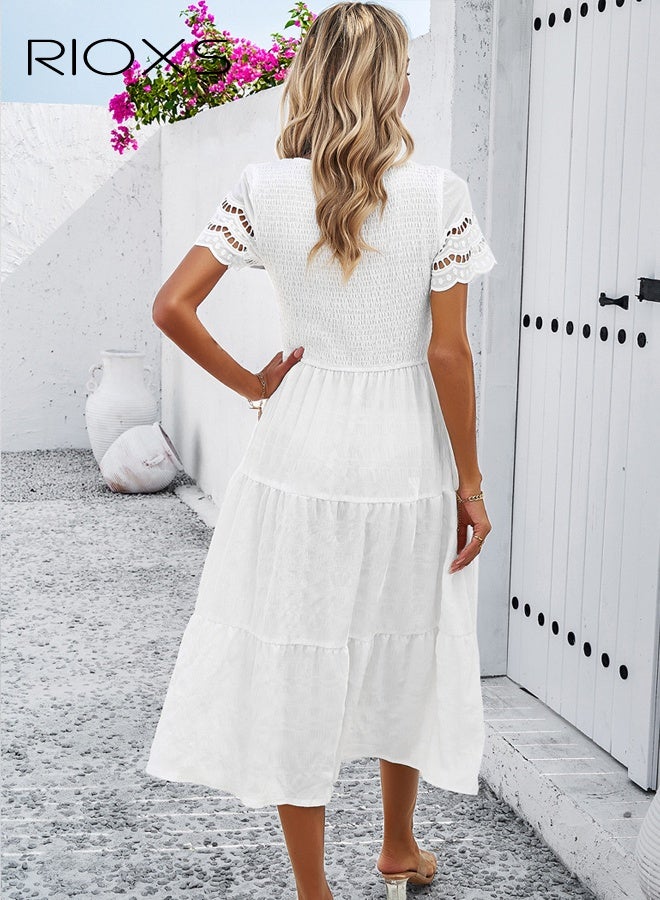 ريوكس فستان نسائي بخصر عالٍ وقصة A، فستان صيفي بخصر مطاطي ورقبة مستديرة بلون موحد وأكمام قصيرة مخرمة، فستان ميدي أنيق للذهاب إلى العمل/المواعدة/الحفلات/التخرج، أبيض - Image 3