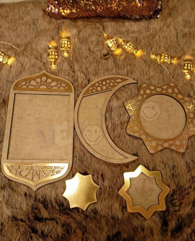 طقم تقديم رمضاني ملكي أندلسي - 5 قطع من أدوات المائدة الإسلامية الفاخرة المصنوعة من الخشب والذهب للإفطار والحلويات والمكسرات والمشروبات، ديكور أنيق لضيافة رمضان (عبوة واحدة)