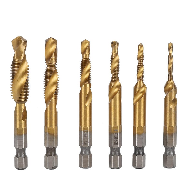 6Pcs Drill Tap Set with 1 / 4in Hex Shank, Spiral Bit Kit for Drilling Tapping Chamfering - High Speed Steel, Durable and Efficient, Versatile Use for Mechanics and DIY Projects (Ti Plated) - Image 1