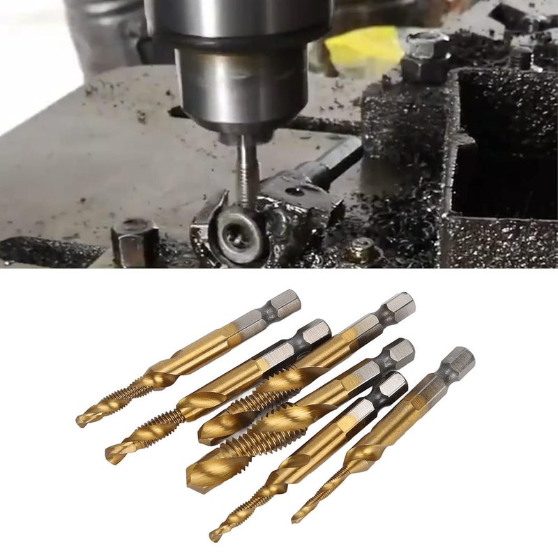 6Pcs Drill Tap Set with 1 / 4in Hex Shank, Spiral Bit Kit for Drilling Tapping Chamfering - High Speed Steel, Durable and Efficient, Versatile Use for Mechanics and DIY Projects (Ti Plated) - Image 5