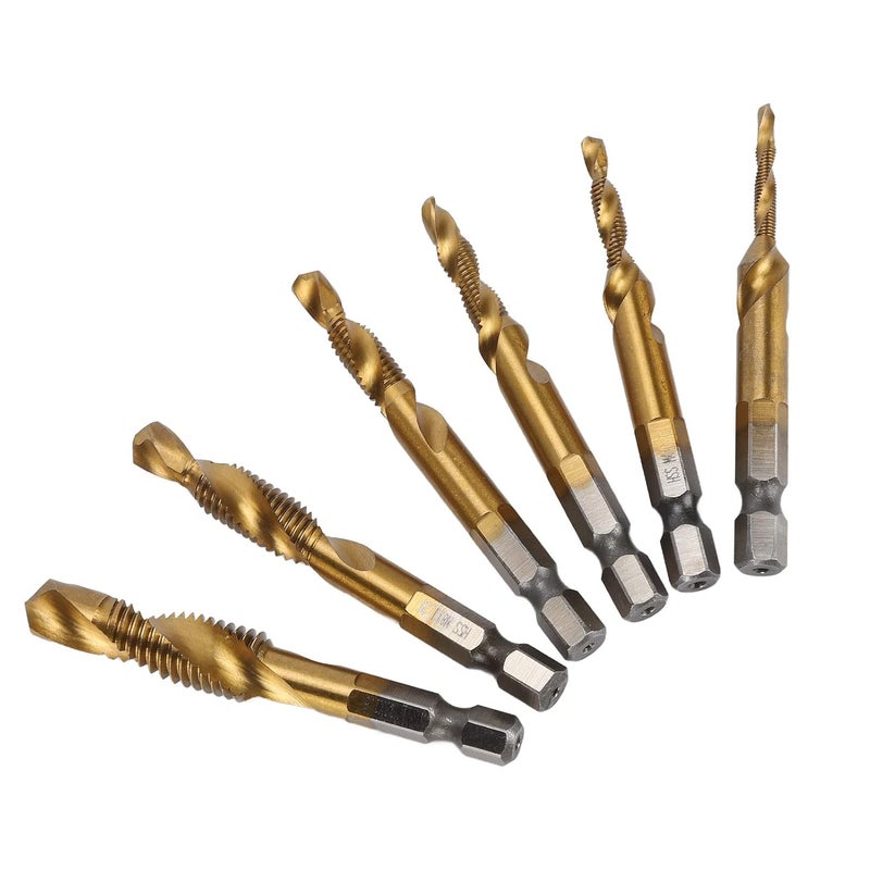 6Pcs Drill Tap Set with 1 / 4in Hex Shank, Spiral Bit Kit for Drilling Tapping Chamfering - High Speed Steel, Durable and Efficient, Versatile Use for Mechanics and DIY Projects (Ti Plated) - Image 2