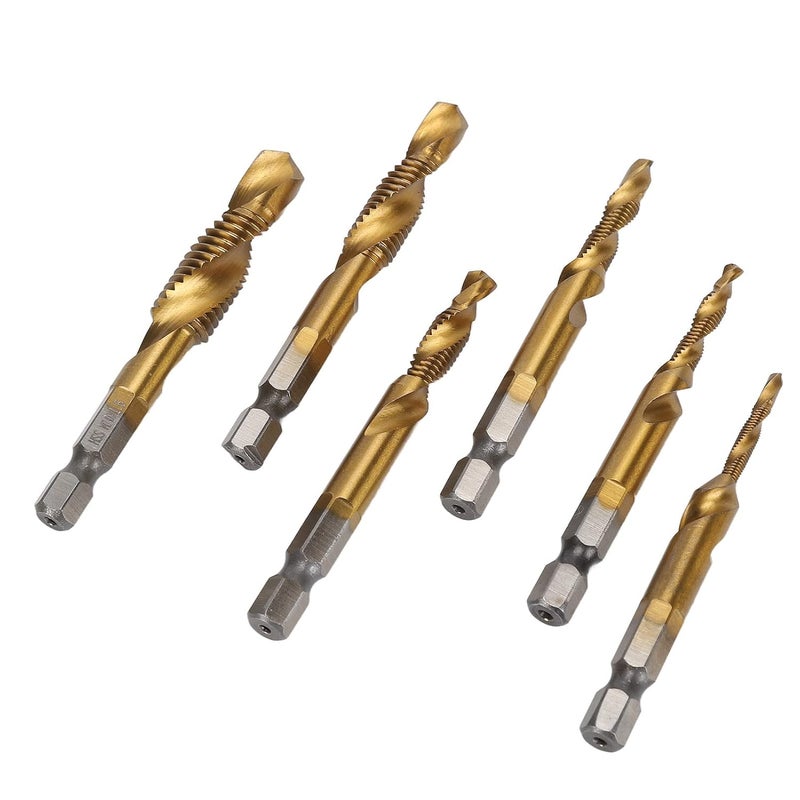 6Pcs Drill Tap Set with 1 / 4in Hex Shank, Spiral Bit Kit for Drilling Tapping Chamfering - High Speed Steel, Durable and Efficient, Versatile Use for Mechanics and DIY Projects (Ti Plated) - Image 4