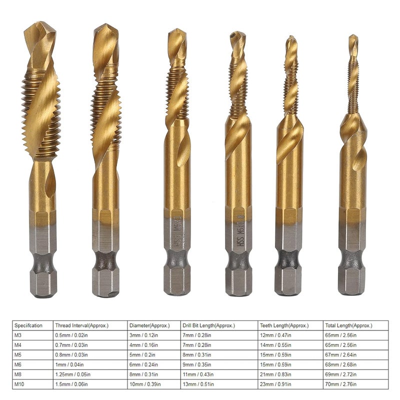6Pcs Drill Tap Set with 1 / 4in Hex Shank, Spiral Bit Kit for Drilling Tapping Chamfering - High Speed Steel, Durable and Efficient, Versatile Use for Mechanics and DIY Projects (Ti Plated) - Image 3