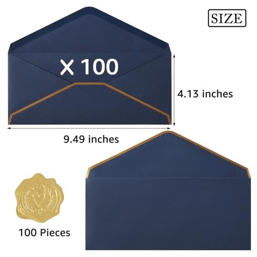 Topeen 100 Pack #10 Business Envelopes with Gold Border, Self Seal Standard Envelopes with Gold Stickers for Office, Checks, Letter Mailing, Invoices, 4 1/8 x 9 1/2 Inches (Navy Blue) - Image 2