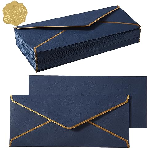 Topeen 100 Pack #10 Business Envelopes with Gold Border, Self Seal Standard Envelopes with Gold Stickers for Office, Checks, Letter Mailing, Invoices, 4 1/8 x 9 1/2 Inches (Navy Blue) - Image 1