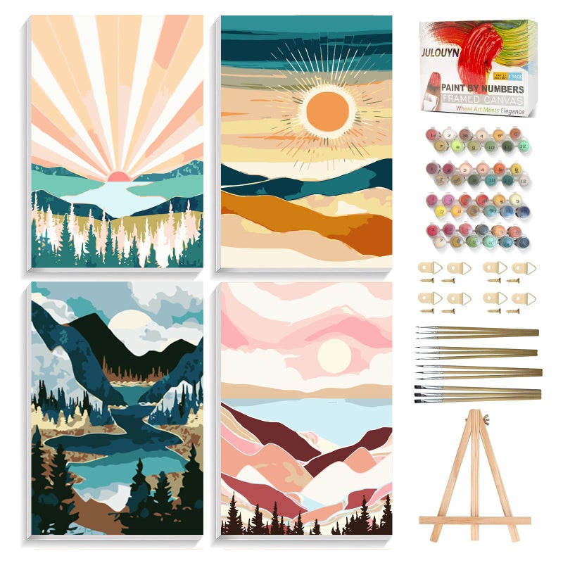 JULOUYN 4 Pack National Park Paint by Numbers Kit for Adults with Framed Sunset Sunrise Mountain Easy Paint by Number Kits On Canvas with Wooden Easel Painting by Numbers for Beginner Gift 8x12 in - Image 2