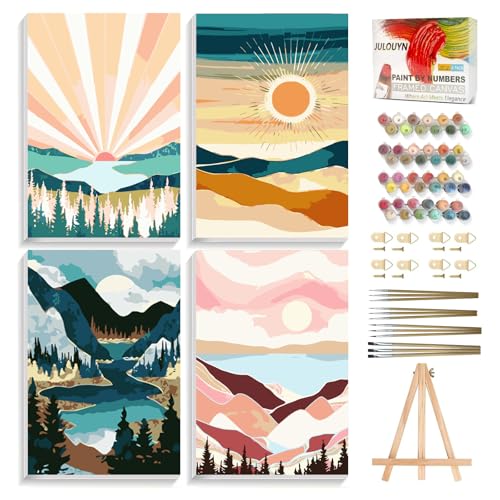 JULOUYN 4 Pack National Park Paint by Numbers Kit for Adults with Framed Sunset Sunrise Mountain Easy Paint by Number Kits On Canvas with Wooden Easel Painting by Numbers for Beginner Gift 8x12 in - Image 1