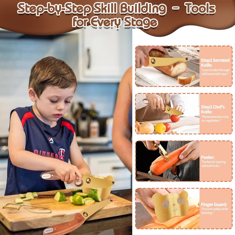 ZLemma Kids Knife Set for Real Cooking with Educational Ring & Precious Rosewood Handle, Kids Chef Knife-4pcs Set with Stainless Steel Finger Guard-Golden Coating - Image 5