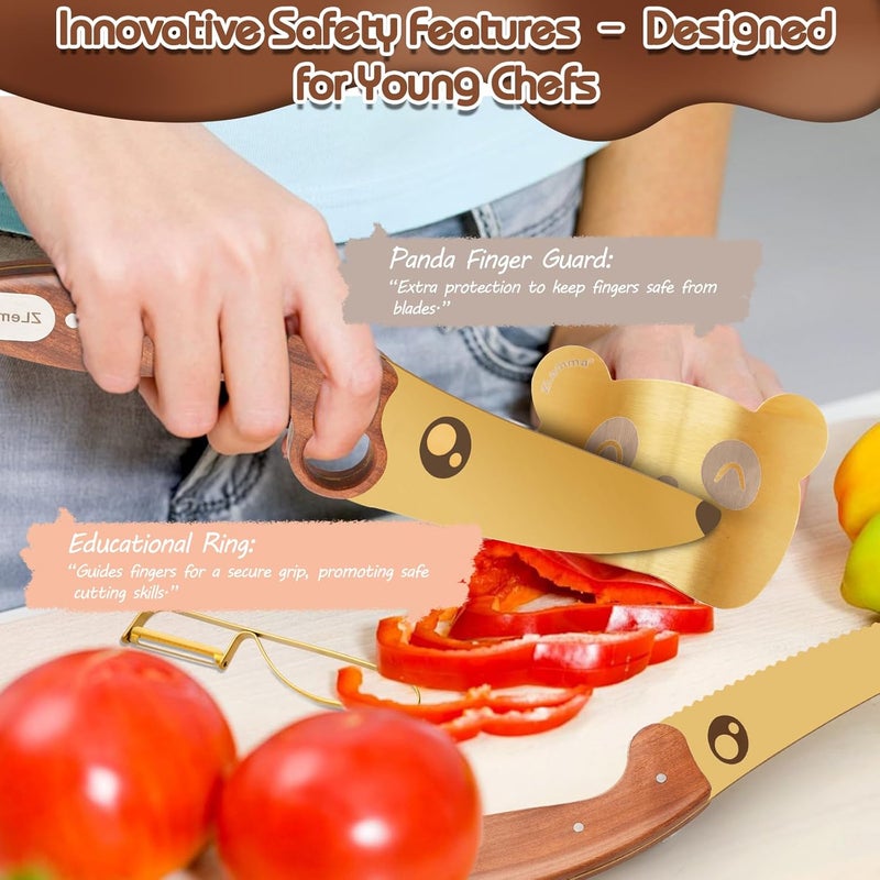 ZLemma Kids Knife Set for Real Cooking with Educational Ring & Precious Rosewood Handle, Kids Chef Knife-4pcs Set with Stainless Steel Finger Guard-Golden Coating - Image 3